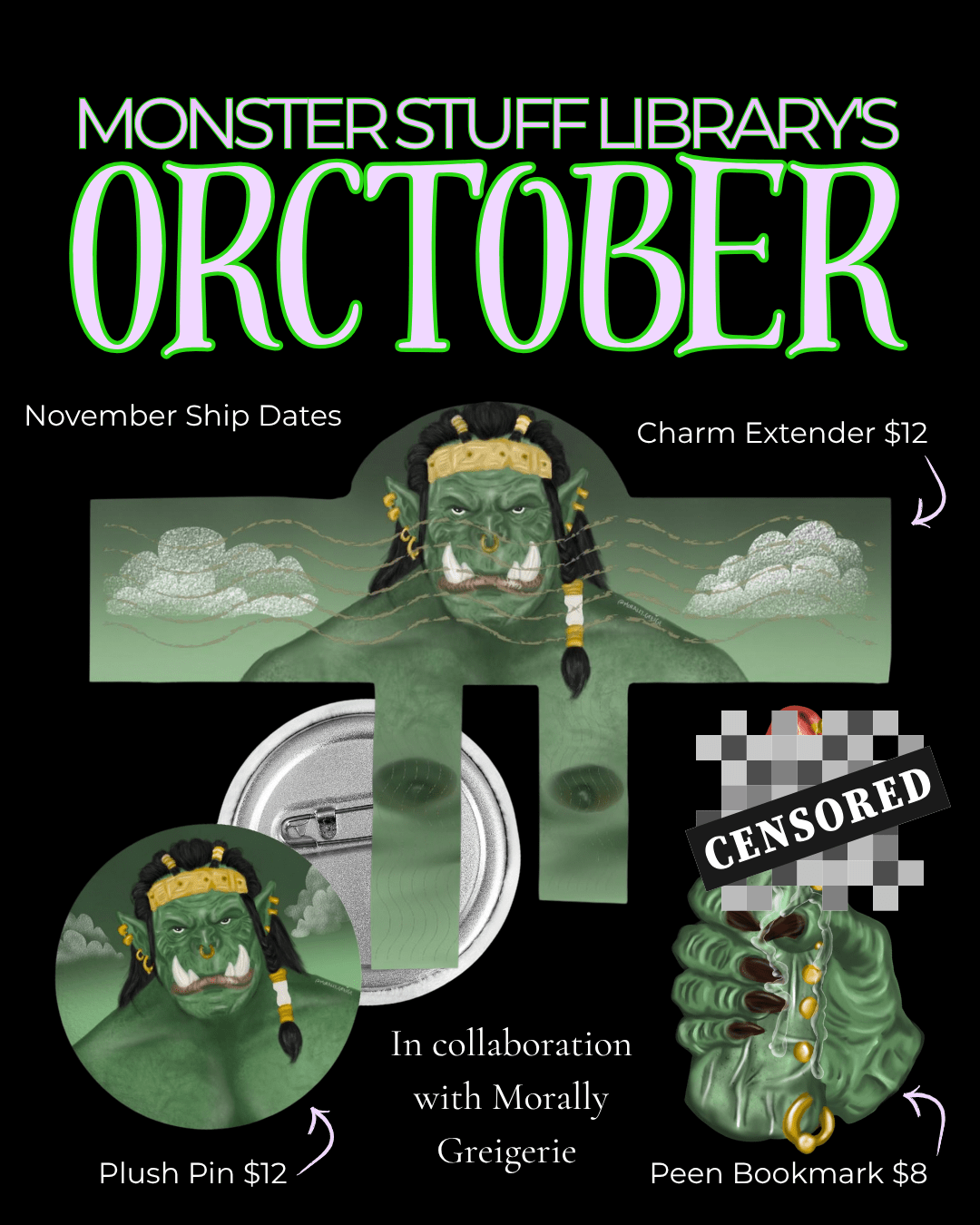 PREORDER • Orctober Merch • Plush Pins • Orc Peen Monster Mark Bookmark • Charm Extender • by Morally Greigerie - Monster Stuff Store