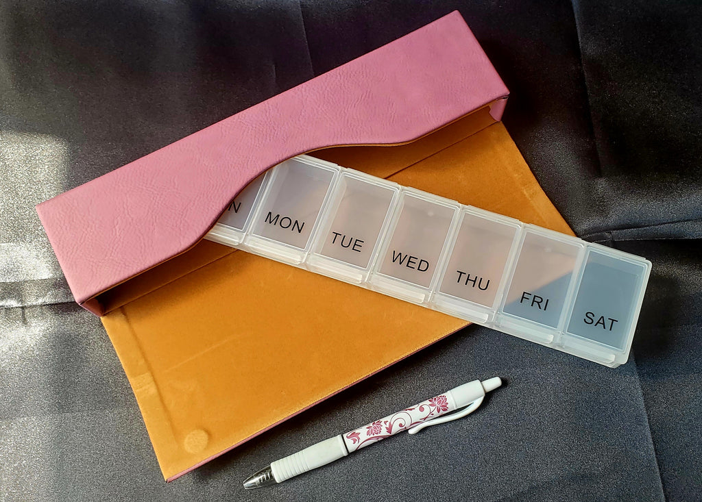 Pink Pill Case: "Heat Suppressants" • Omegaverse Engraved Leatherette Pill Box • 1 x7 Days • READY TO SHIP
