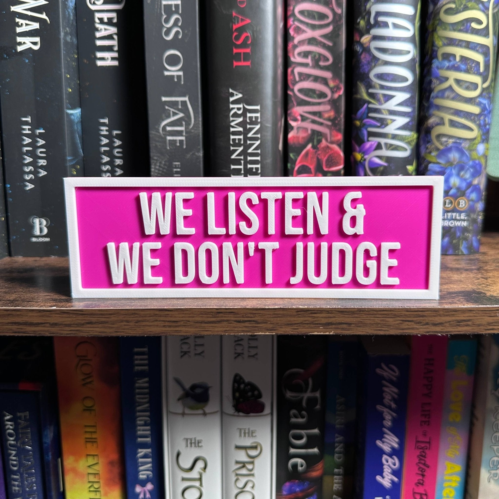 We Listen & We Don't Judge Sign in GREEN | Bookshelf Decor - Monster Stuff Store